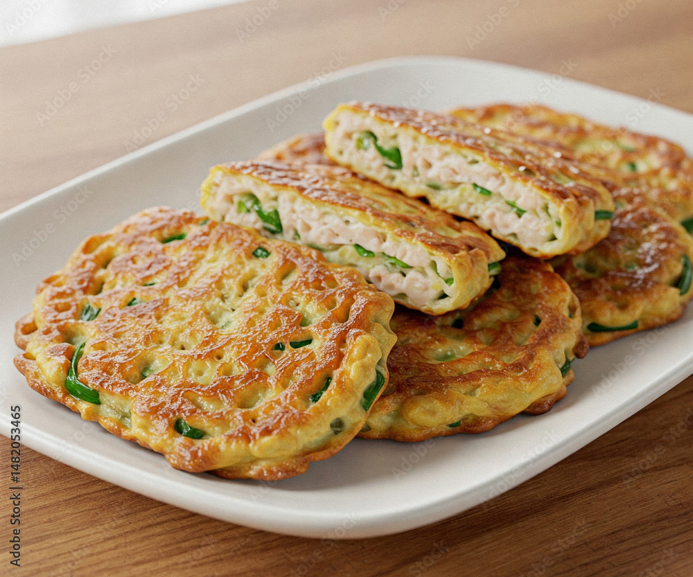 This image shows a meticulously crafted plate of Jeon, glistening with a golden-brown hue, presented on a pristine white ceramic dish, set against a rustic, warm-toned wooden table. This image shows a meticulously crafted plate of Jeon, glistening with a golden-brown hue, presented on a pristine white ceramic dish, set against a rustic, warm-toned wooden table.