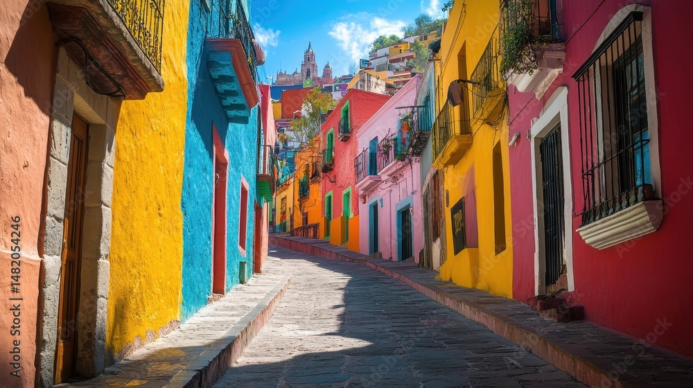 Naklejka premium Colorful colonial street in guanajuato with vibrant architecture and historic charm