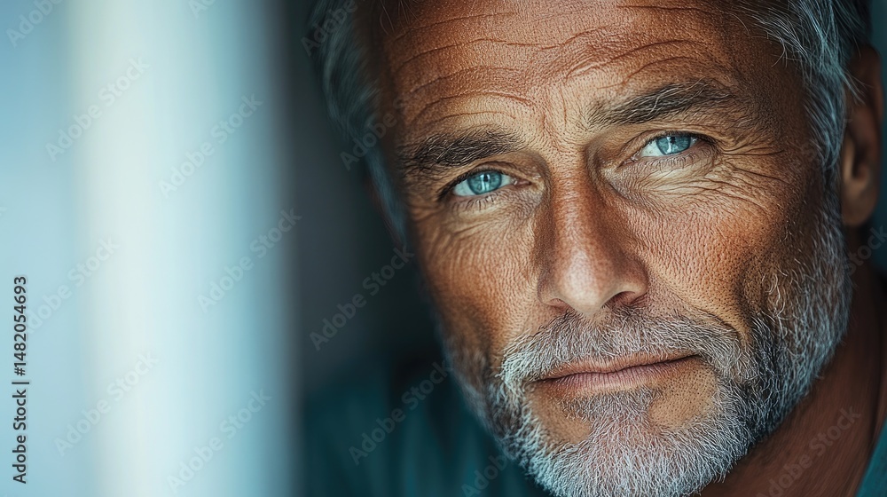 An elderly man with deep wrinkles watches as his younger self appears in the mirror. An elderly man with deep wrinkles watches as his younger self appears in the mirror.
