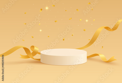 Elegant white round podium with flowing orange silk ribbons on yellow background with golden confetti and stars. Platform with delicate floating streamers and shimmering particles. Vector 3d illustrat