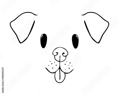 Cute animal face, dog puppy pet comic doodle with expressions. Set heads with delicious lick tongue, mouth, adorable emotions. Comic cartoon or kawaii fanny pet