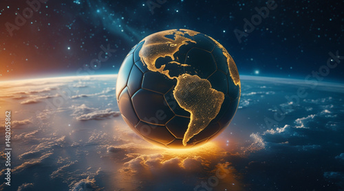 a soccer ball styled as a globe set against a backdrop of space