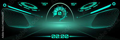 Surreal art collage. Futuristic neon dashboard interface with digital meters, glowing arcs, and angle indicators. Vector illustration. Concept of speed, car technology, extreme sport, virtual.