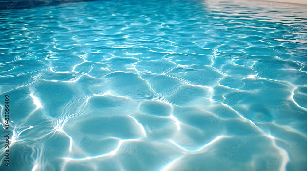 Fototapeta premium Sparkling turquoise swimming pool water with reflected sunlight creates abstract patterns and a refreshing sense of summer relaxation on a bright sunny day