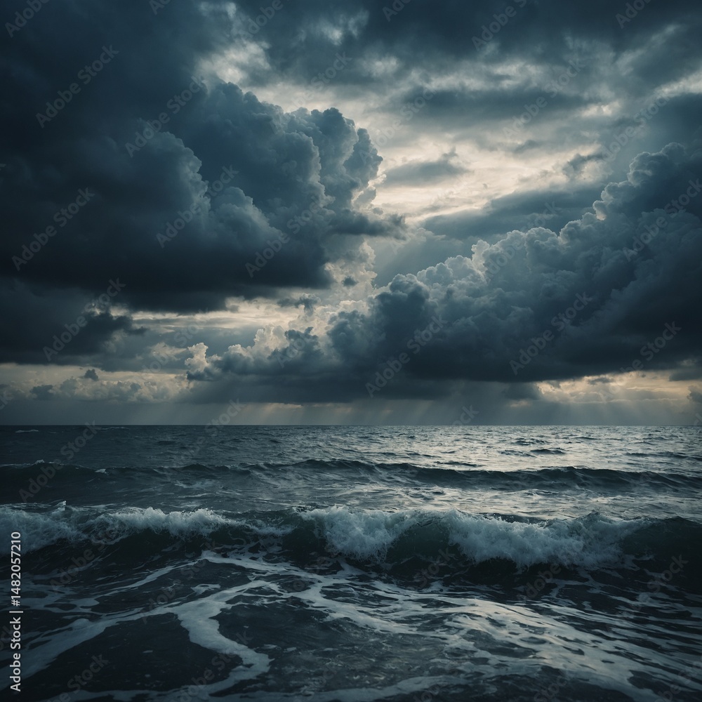 Obraz premium Dark stormy clouds loom over the vast ocean, hinting at a powerful storm at sea