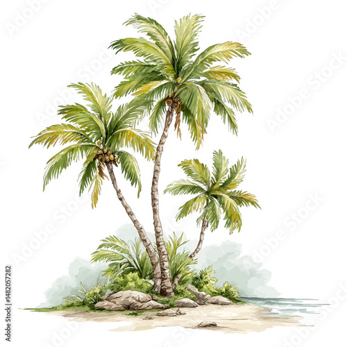 Watercolor illustration of three beautiful tropical palm trees on beach
