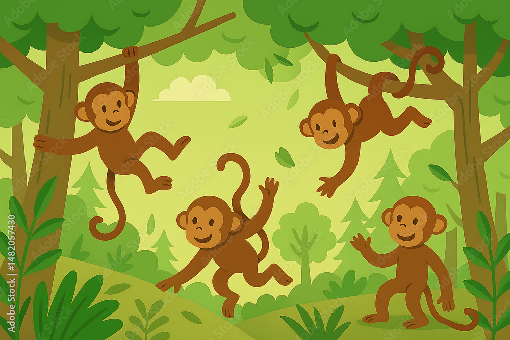 Naklejka premium illustration of monkeys swinging trees in the forest