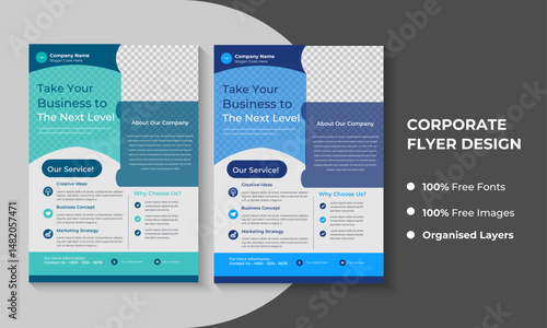 New Corporate Business Modern A4 Flyers  with differ ent  blue colors,  creative editable geometric vector design templates, Informative modern layouts for promotional and advertisement purposes.