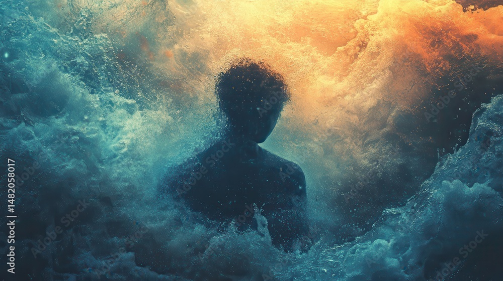 Fototapeta premium Silhouette of figure amidst dynamic blue and orange water swirls