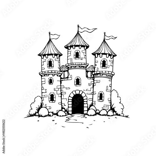 Whimsical Hand-Drawn Castle Illustration with Charming Details and Playful Design
