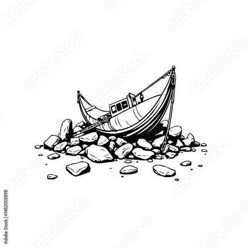 Abandoned maritime vessel resting on a stony beach with monochrome artwork