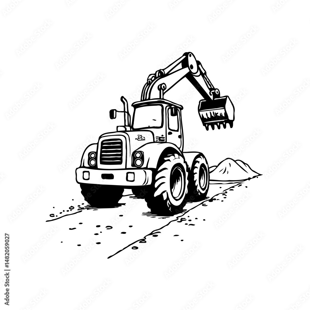Naklejka premium Monochrome illustration of a construction loader extracting material on a path