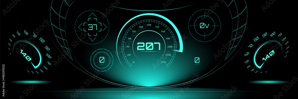 Fototapeta premium Vector illustration. Futuristic dashboard with 207 speed readout, radial gauges, and teal glow. Surreal art collage. Concept of extreme sport, racing telemetry, speed display, digital driving.