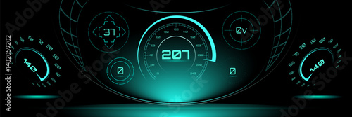 Vector illustration. Futuristic dashboard with 207 speed readout, radial gauges, and teal glow. Surreal art collage. Concept of extreme sport, racing telemetry, speed display, digital driving.