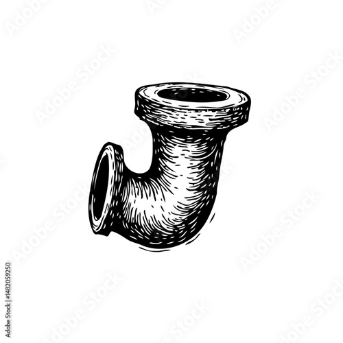 Detailed monochrome sketch of a plumbing pipe fitting, showcasing vintage style