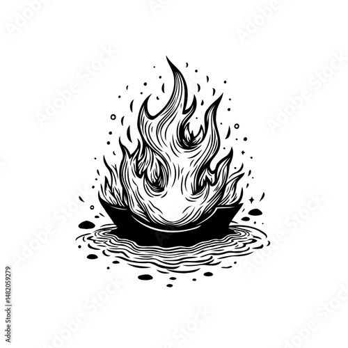 Monochromatic depiction of flames rising from a vessel on the water surface