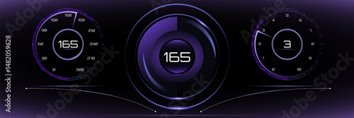 Futuristic neon artwork. Violet-toned dashboard with central 165, digital gear meter. Surreal art collage. Vector illustration. Concept of automotive interface, extreme sport, velocity.