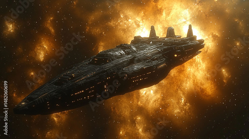 Futuristic spaceship traversing a fiery nebula in deep space.