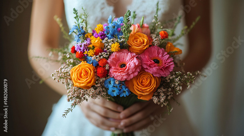 Bride holding a vibrant colorful bouquet of mixed flowers.