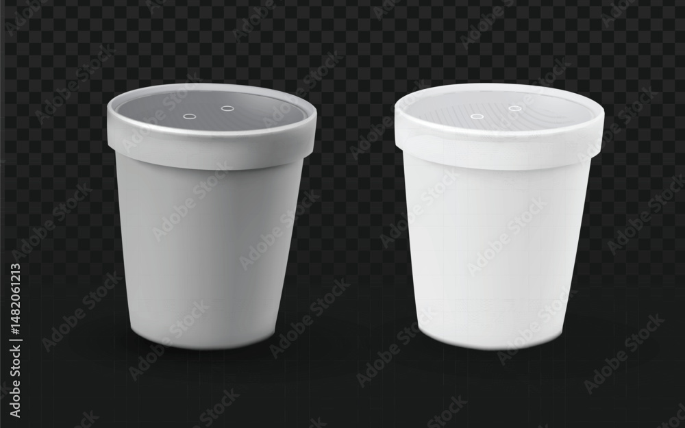 Realistic vector graphic of white plastic tubs without lids. Isolated open packaging objects perfect for food, dairy, ice cream, or mockup design projects. Transparent background. Realistic vector graphic of white plastic tubs without lids. Isolated open packaging objects perfect for food, dairy, ice cream, or mockup design projects. Transparent background.