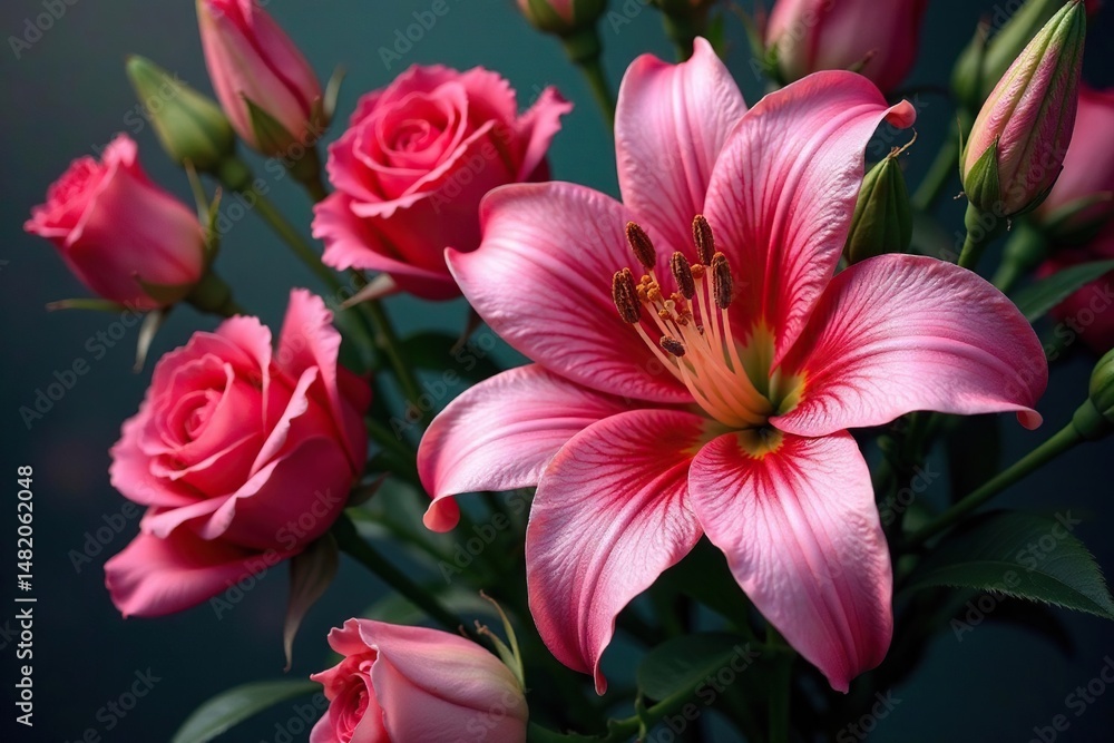 Fototapeta premium Intricate blooming roses & lilies, rich jewel tones, silk, woven, roses