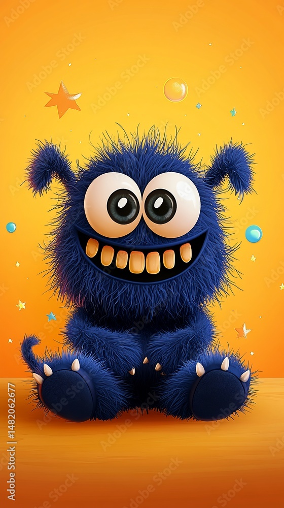 Obraz premium Cheerful blue furry creature with big eyes and wide grin, sitting on a yellow background with sparkles