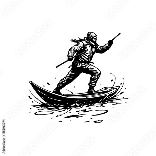 Energetic Illustration of a Man Paddling a Boat Through Turbulent Waters