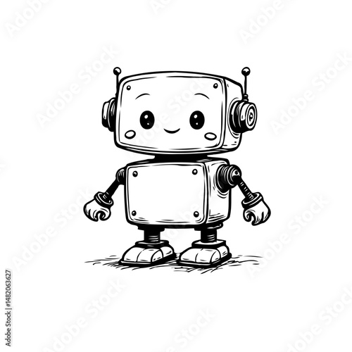 Adorable monochrome robot illustration with a cheerful and simplistic design
