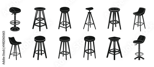 Bar stool silhouette collection isolated on white background.