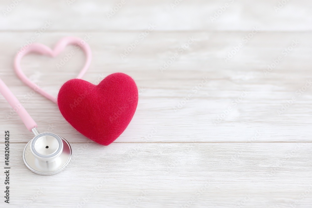 Fototapeta premium Heart with a stethoscope emphasizing health and wellness on a wooden background