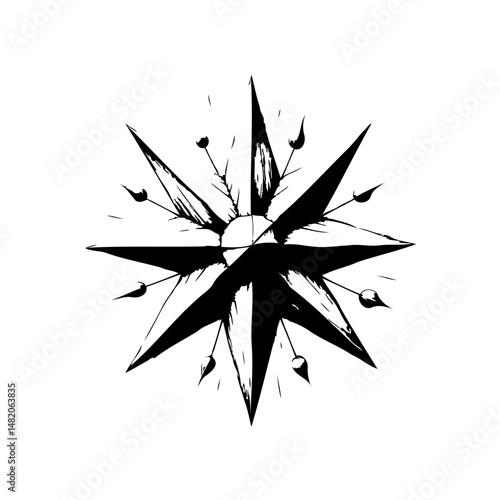 Abstract compass rose in black ink with radiating lines and uneven points