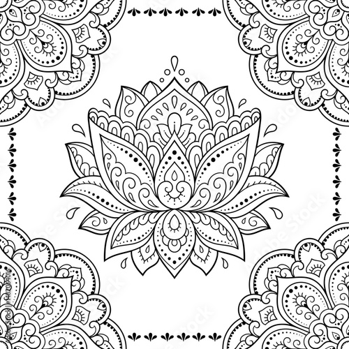 Seamless decorative ornament in ethnic oriental style. Lotus flower and mandala for Henna, Mehndi, tattoo, decoration. Doodle outline hand draw vector illustration.