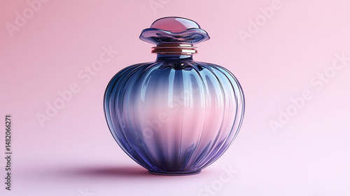 Elegant, heart-shaped perfume bottle with a gradient of blue and pink hues, featuring a delicate, fluted glass design and a metallic cap, presented on a soft, pastel pink background.