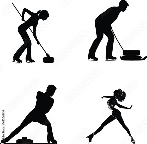  Ice Sports Silhouette Vectors - Curling & Figure Skating 