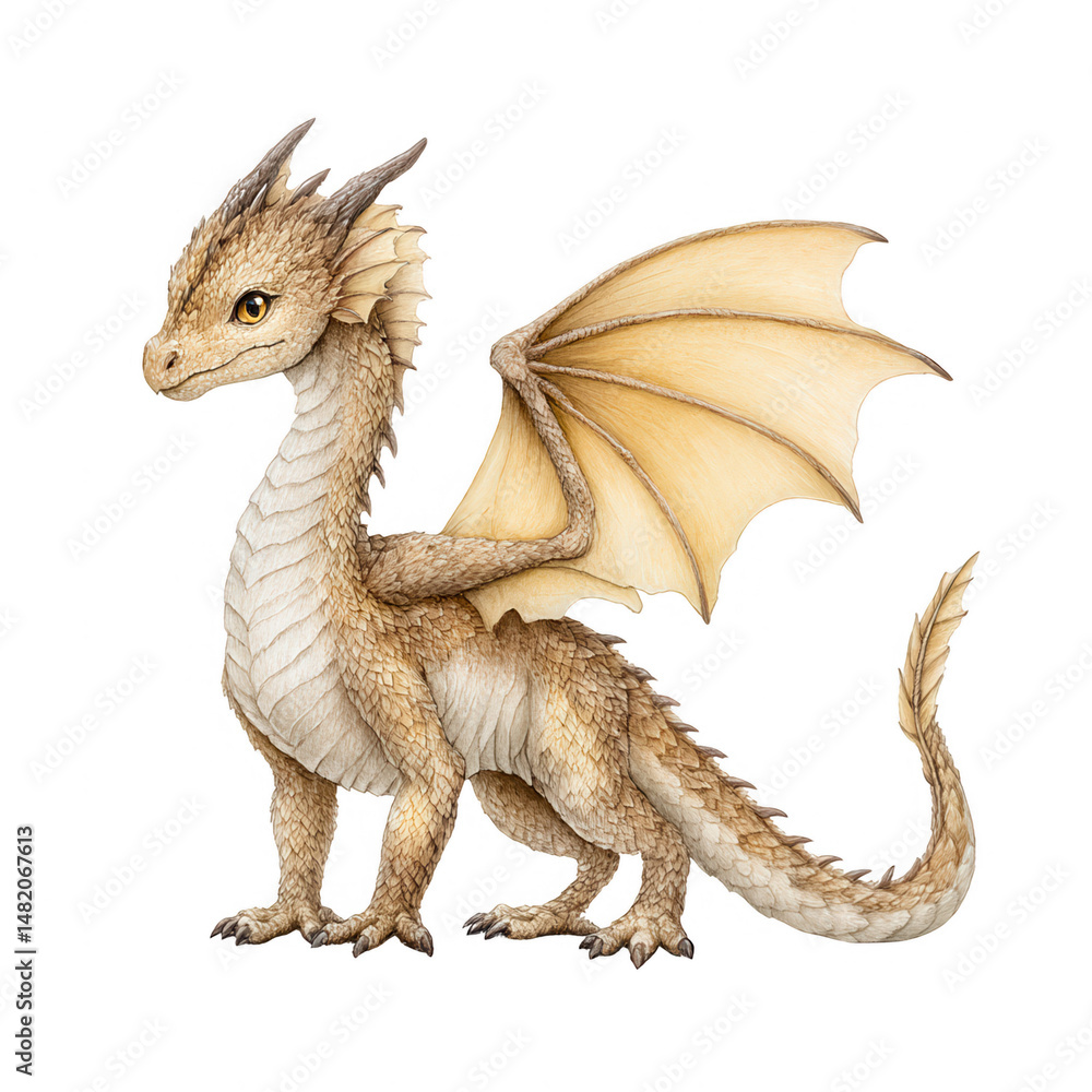 Fototapeta premium Watercolor beige dragon stands with wings on a white isolated background.