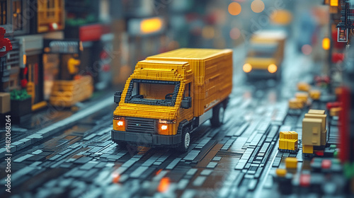 Miniature yellow delivery truck on a city street, urban transportation, rainy weather.