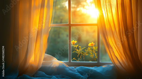 Warm sunlight streaming through window curtains, illuminating a windowsill with flowers and a view of the outdoors.