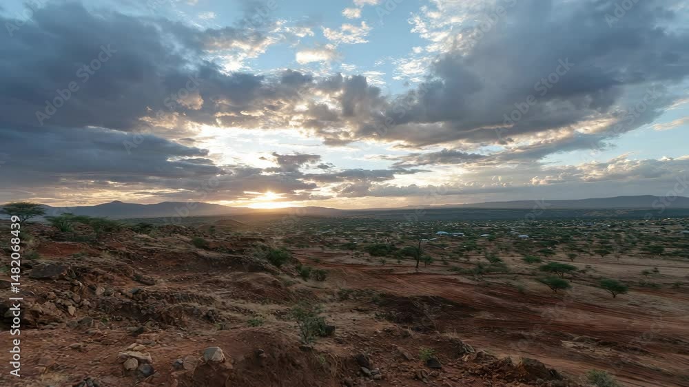 Dramatic sunrise over remote rural African village in arid landscape beneath cloudy sky with mountain range in distance Dramatic sunrise over remote rural African village in arid landscape beneath cloudy sky with mountain range in distance