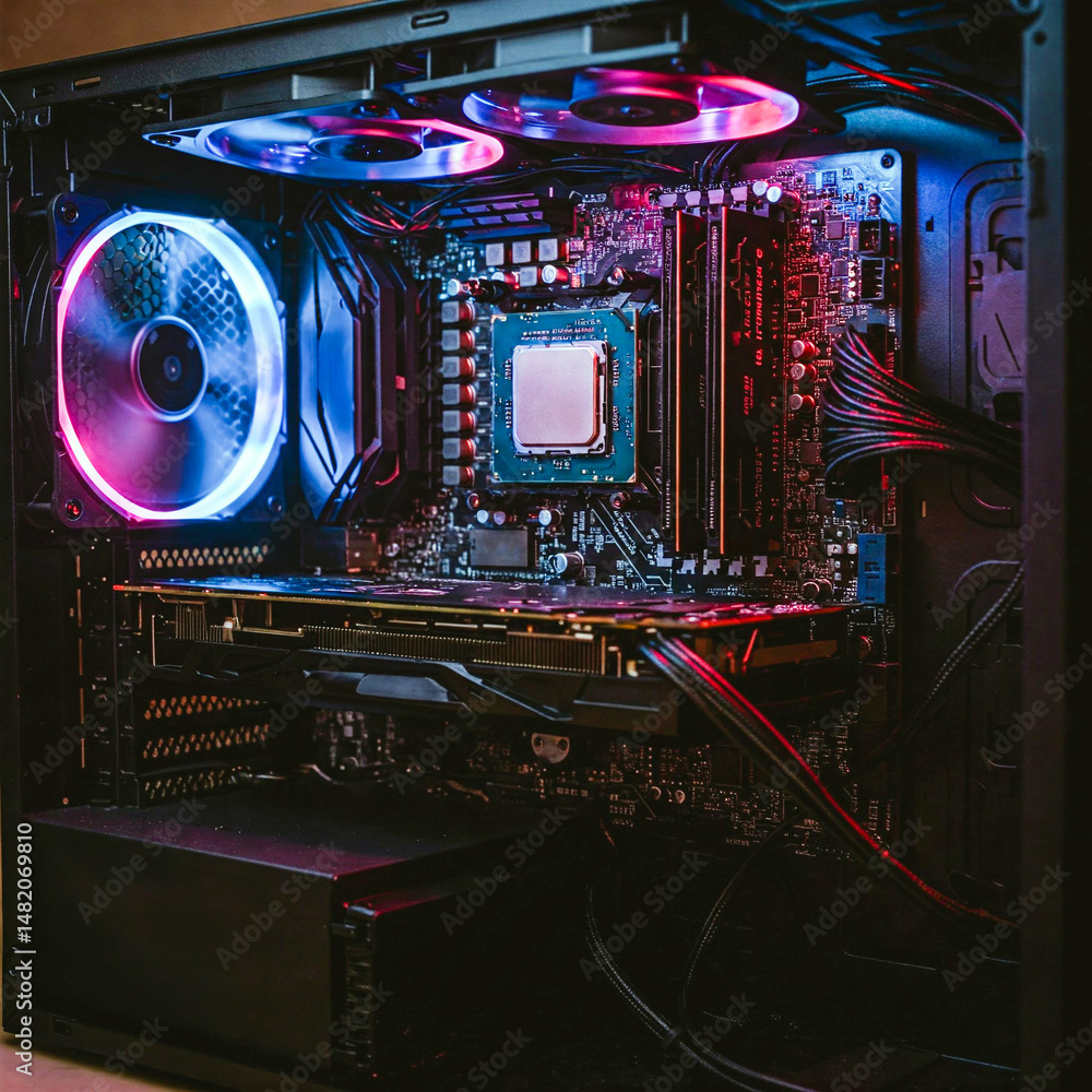 Fototapeta premium Motherboard, CPU Cooler, RAM, and Graphics Card Inside PC