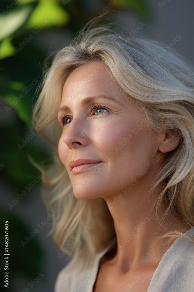 Naklejka premium Mature caucasian female with blonde hair in sunlit outdoor setting