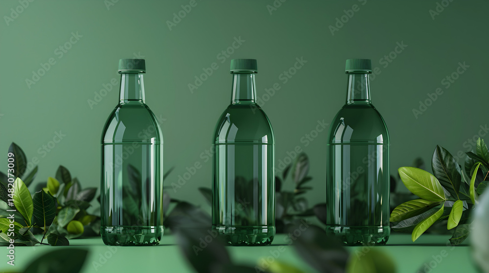 Three green glass bottles with green caps surrounded by green leaves on a green background studio shot Three green glass bottles with green caps surrounded by green leaves on a green background studio shot