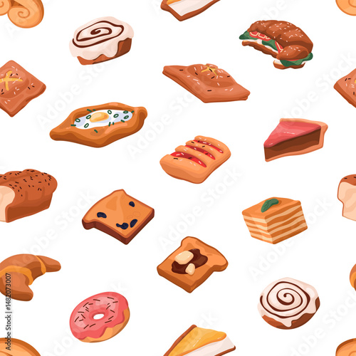 Repeatable pattern of fresh bakery, tasty pastry, baked goods, flour desserts, delicious food. Endless background of croissants, flaky buns, donuts, cheesecakes. Flat seamless vector illustration