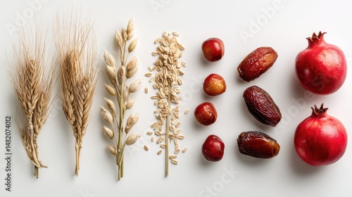 Fototapeta Naklejka Na Ścianę i Meble -  Assorted grains and fruits composition with wheat oats dates pomegranate