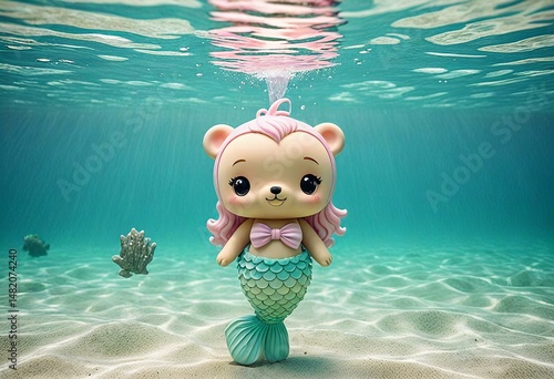 Elegant Depicting Adorable chibi mermaid bear in minimalist style