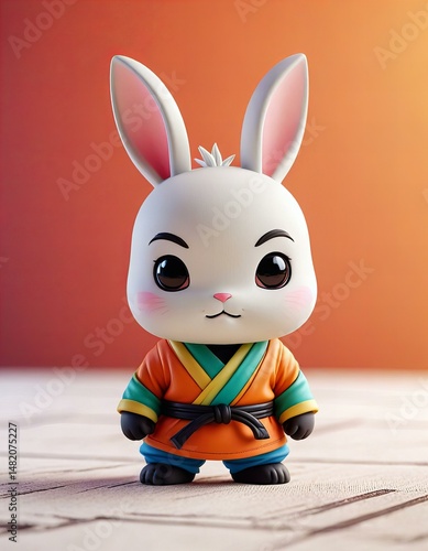 Photo Cute chibi ninja rabbit in minimalist style, dojo scene background.