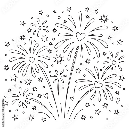 Fireworks Display with Heart Shapes Coloring Page for Fourth of July