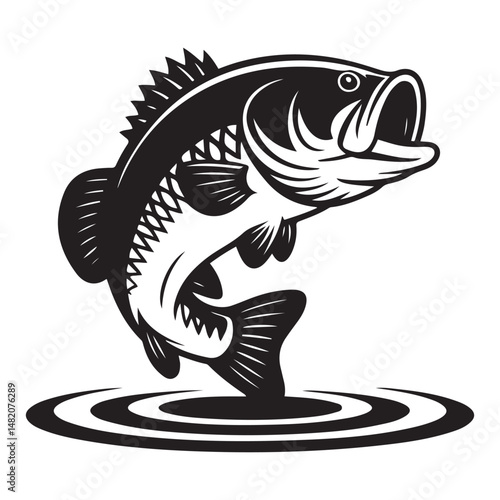 Striking illustration of a large mouth bass leaping up, Vector black silhouette. with white background