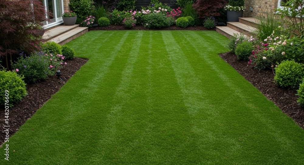 Fototapeta premium Photo: Lush Green Mowed Lawn with Stripes in a Landscaped Garden