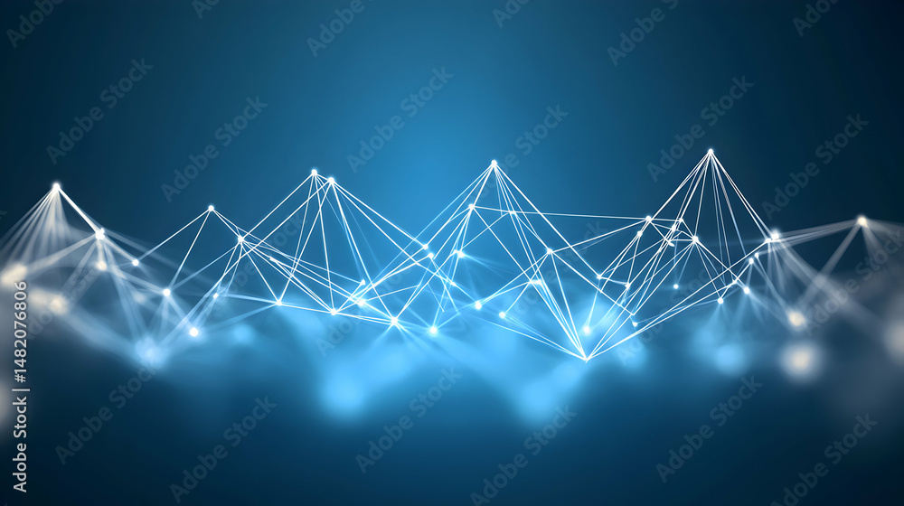 Obraz premium Abstract digital network connection, glowing nodes and lines forming a futuristic landscape. Ideal for tech, data, or AI concepts.