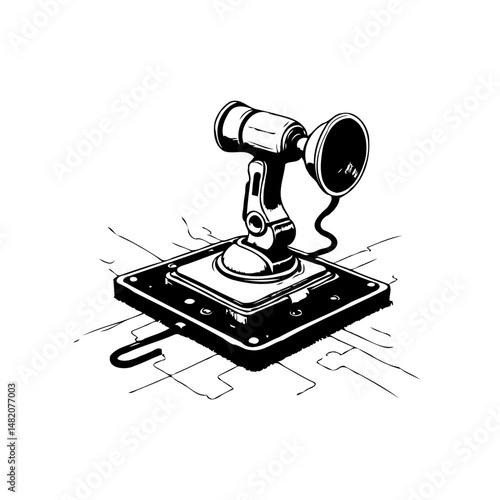 Monochrome illustration presenting a vintage candlestick telephone rendering on digital grid